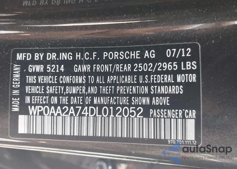 2013 Porsche Panamera 4 from USA, damaged, VIN WP0AA2A74DL012052